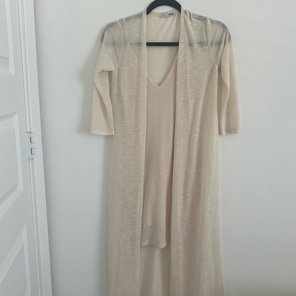 Fashion Nova Cream Long Cardigan and Dress Set
